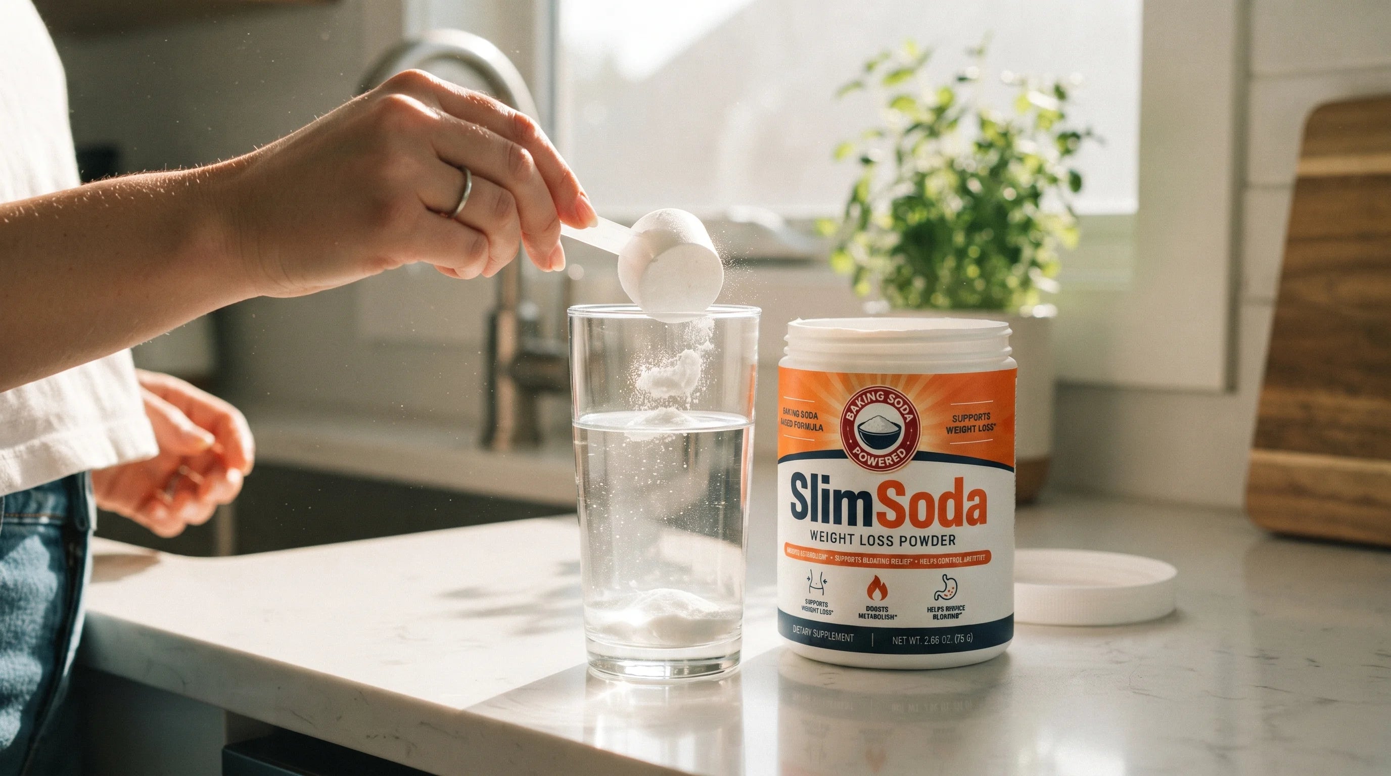 One scoop of SlimSoda stirred into a glass of water